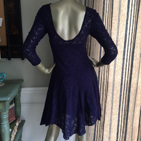 Free People Navy Stretch Lace Fit & Flare Dress - Picture 6 of 8